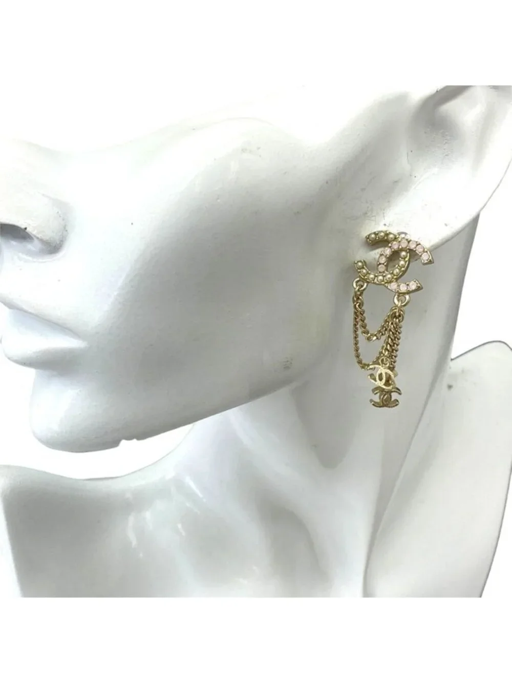 Chanel Chain Earrings CC Logo Rhinestone Pearl Gold